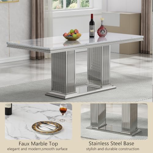 HomVent 68'' Silver Faux Marble Dining Table Set with 6 Grey Velvet Chair | Modern Rectangle Kitchen Table Set of 6 with Faux Marble Table Top & Stainless Steel Base Dining Set for Kitchen Dining Room