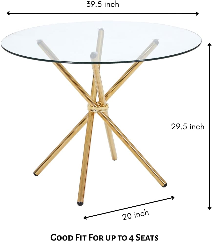 Round Glass Dining Table with Gold Criss Cross Legs, 39.5 Inch Modern Gold Kitchen Table Circular, Elegant Dining Room Table for 4 (Art Deco)