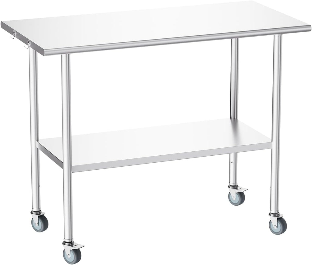 Atelicf NSF Stainless Steel Prep Table 24X48 inch, Flat Top & Casters | Mobile commercial-grade table for restaurants, kitchens, food trucks, breweries, bars, garages, and BBQ