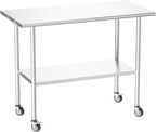Atelicf NSF Stainless Steel Prep Table 24X48 inch, Flat Top & Casters | Mobile commercial-grade table for restaurants, kitchens, food trucks, breweries, bars, garages, and BBQ