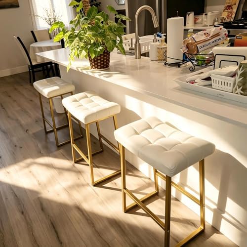 RNKSFX White & Gold Counter Height Bar Stools Set of 3 for Kitchen Counter Backless Kitchen Island Barstools with Upholstered Faux Leather Seat and Gold Base Modern 24 inch Bar Chairs No Back
