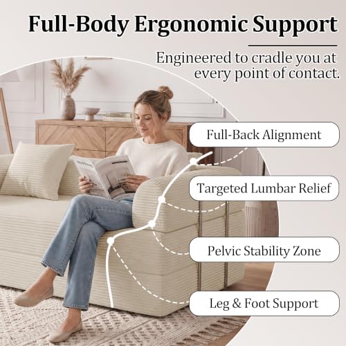 59'' Convertible Compressed Corduroy Folding Cloud Sofa Bed, Modern Pull Out Loveseat Sleeper in a Box, 4 in 1 Floor Mattress Futon Fluffy Couch, No Assembly Needed, Beige, 2 Pillows, Full