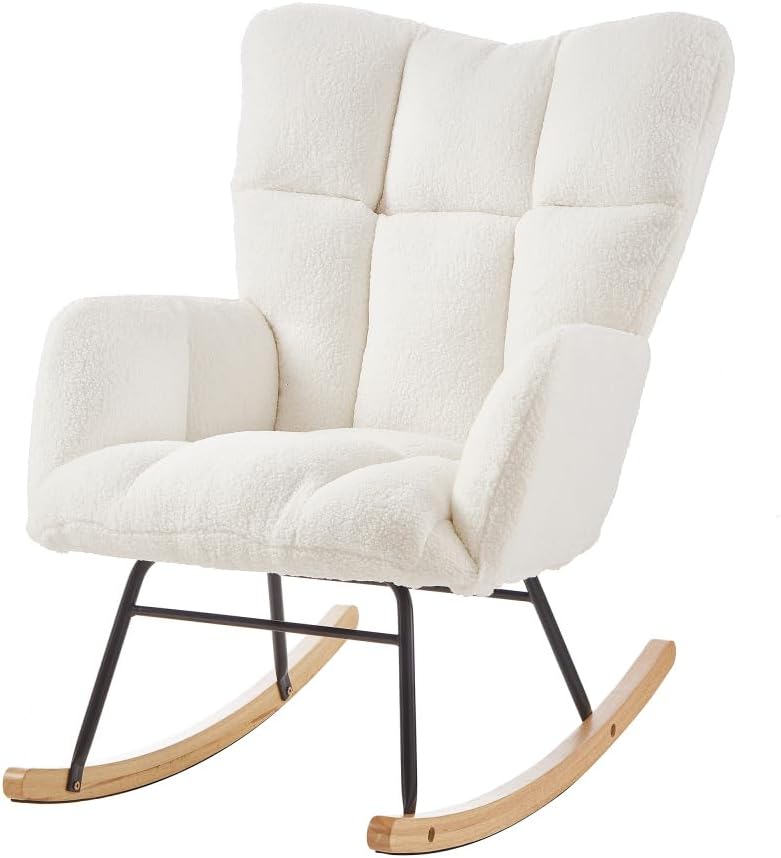 Glider Chair for Living Room Tufted Upholstered Teddy Fabric Rocking Chair with Metal Frame Accent Chair (Ivory)