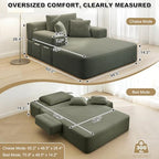 60.2" Oversized Chaise Lounge Chair, Corduroy Cloud Couch, Deep Seat Convertible Sofa Bed with 3 Pillows, Wide Armrests, Side Pocket, No Assembly (Green)