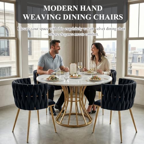 Hand-Woven Dining Chairs Set of 2,Dining Room Chairs with Gold Leg | Velvet Elegant Side Chair with Curved Backrest, Sturdy Wood & Metal, Anti-slip Foot Pads, Wide Armrest, Holds 300LBS, Beige