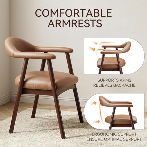 MALOL Leather Dining Chair with Armrest Set of 6, Upholstered Dining Room Chair with Curved Back and Wood Legs, Mid Century Modern Kitchen Chairs for Kitchen Dining Room