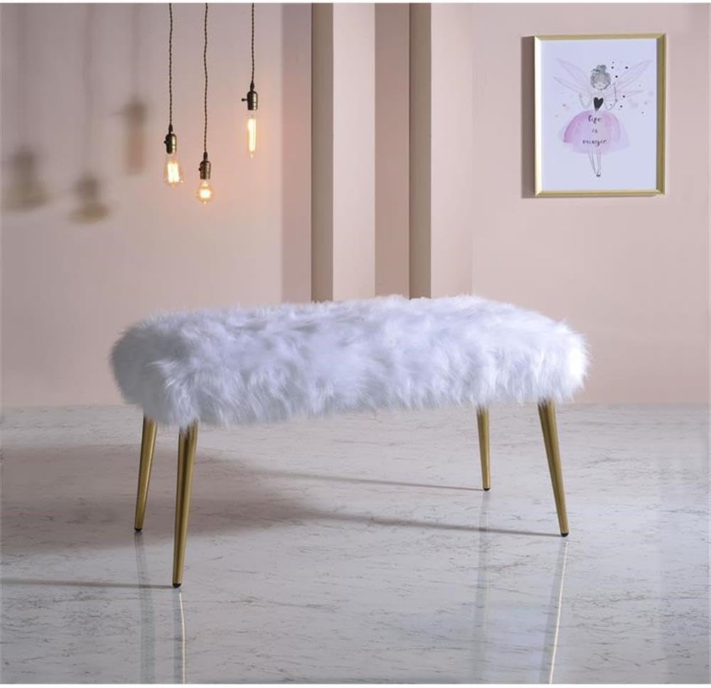 Acme Bagley II Bench, White Faux Fur & Gold