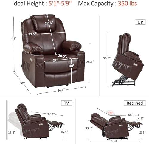 MCombo Power Lift Recliner Chair for Elderly, Heat and Massage 7040(Medium) | FSC Certified, Multiple Sizes, USB&Type C Charging Port, Cup Holders, Side Pockets, Dark Brown Faux Leather