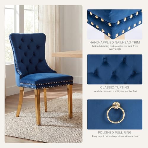 Blue Velvet Dining Chairs Set of 6, Fabric Upholstered Kitchen & Dining Room Chair, Tufted Mid Century Modern Dinning Room Chairs, High Back, Gold Metal Legs, Sillas de Comedor