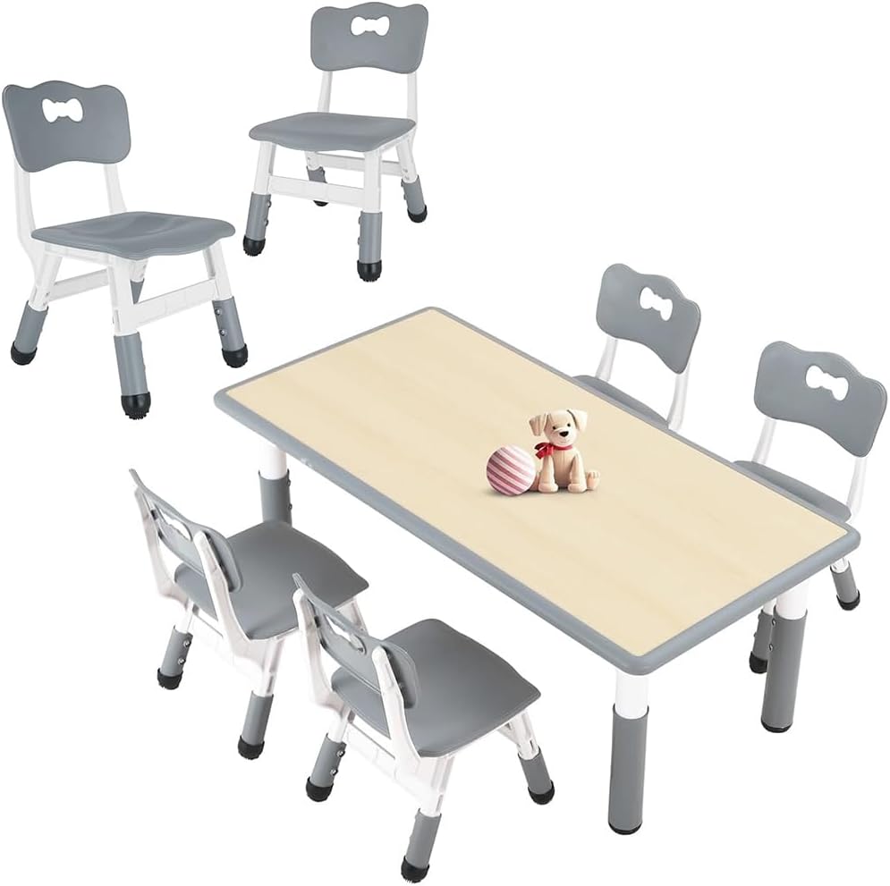 FUNLIO Kids Table and 4 Chairs Set and Adjustable Kids Chair (2pcs)，Easy to Wipe Arts & Crafts Table, for Classrooms/Daycares/Homes, CPC & CE Approved (5-Piece Set) - Gray