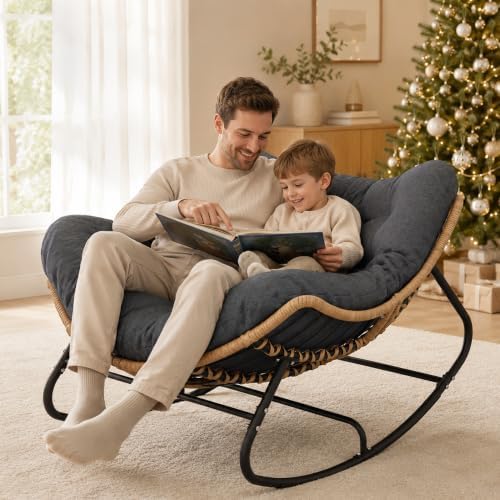 SWITTE Papasan Rocking Chair, Outdoor Wicker Egg Rocker with Cushion, Grey | Comfy Oversized Reading Chair, Cozy 30°-Rock Bed with 6" Cushion, Steel Frame 450LBS Capacity for Patio Porch Lawn