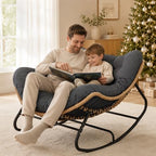 SWITTE Papasan Rocking Chair, Outdoor Wicker Egg Rocker with Cushion, Grey | Comfy Oversized Reading Chair, Cozy 30°-Rock Bed with 6" Cushion, Steel Frame 450LBS Capacity for Patio Porch Lawn