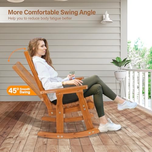 VINGLI Outdoor Rocking Chair, Heavy Duty 600 LBS Wooden Rocker, Teak(1PC) | High & Comfortable Backrest, Weatherproof Patio Rocker with Ergonomic Design, for Patio, Garden, Porch