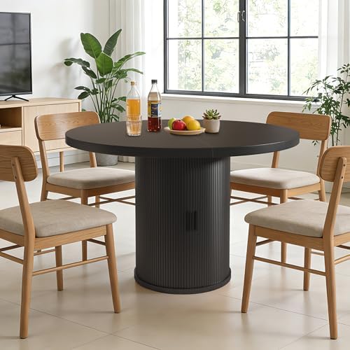 35.5'' Round Pedestal Dining Table, 2-4 Modern Fluted Dining Room Kitchen Table with Storage Shelf, Wood Base Dinner Tables for Kitchen, Breakfast Nook, Small Space, Living Room(Black)