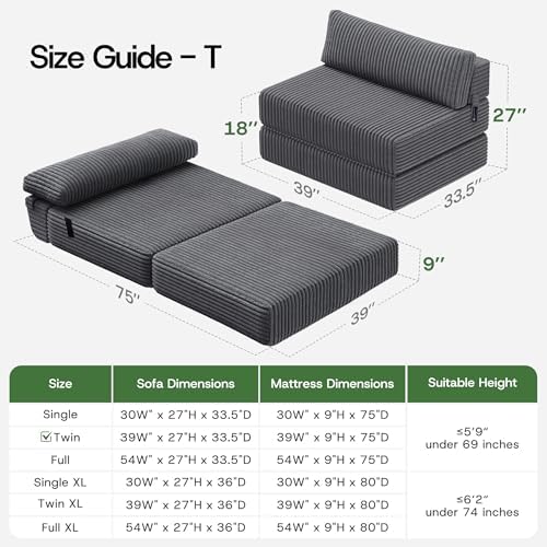 Convertible 4-in-1 Folding Sofa Bed Sleeper Chair Couch Foldable Chaise Lounger & Mattress Pocket Coils+Foam Fill Medium Support, No Assembly for Living Room/Bedroom, Twin
