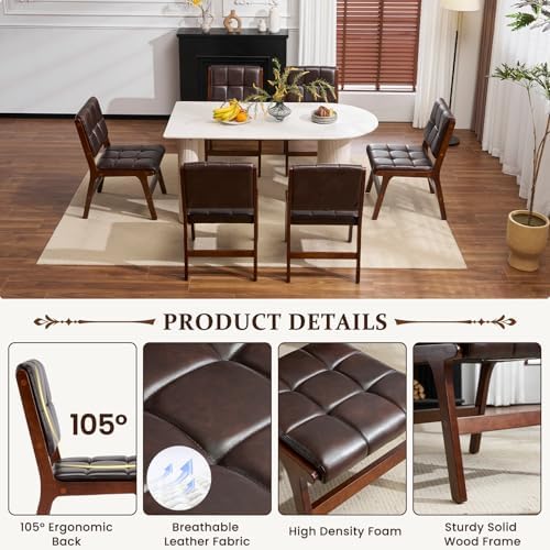 Furniliving Oak Wooden Dining Chairs Set of 2, Mid-Century Modern Leather Upholstered Kitchen Chair, Farmhouse Dining Room Chairs with Wide Seat, Brown