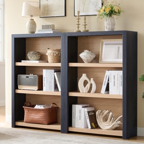 Book Shelf, 3-Tier Bookshelf with Adjustable Shelves,Free Standing Modern 48'' Tall Bookcase with Open Display Storage,Floor Vintage Bookshelves for Living,Office (2, Gray Black / Natural, 3-Tier)