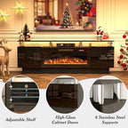 70" Fireplace TV Stand, Entertainment Center with 8 Stainless Steel, Black | 36" Electric Fireplace insert, Modern TV Console with LED light, 2-tier Media Console fits 80" TV, Spacious storage cabinets