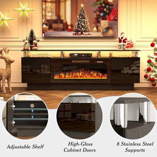 70" Fireplace TV Stand, Entertainment Center with 8 Stainless Steel, Black | 36" Electric Fireplace insert, Modern TV Console with LED light, 2-tier Media Console fits 80" TV, Spacious storage cabinets