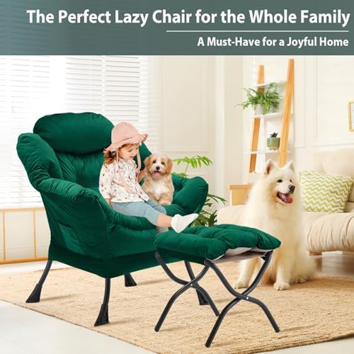 Youtanic Lazy Chair with Folding Ottoman, Accent Chair Velvet Upholstered with Metal Structure and Non-Slip Pads, Sofa Armchair with Footrest and Side Storage Bag for Dorm, Room, Office, Green