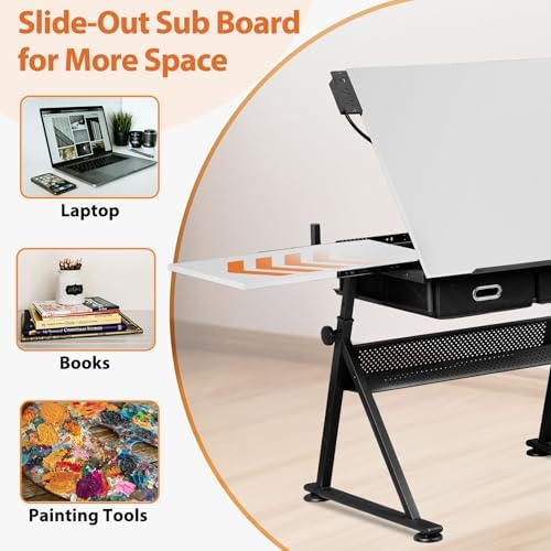 SUPER DEAL Adjustable Drafting Table Set with Charging Station, Tilting Drawing Desk Artist Desk with Stool Multifunctional Art Craft Workstation with 2 Storage Drawers, White