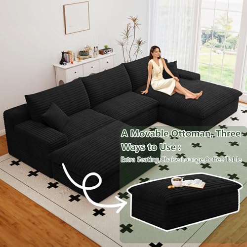 107" Cloud Couch Modular Sectional Sofa for Living Room, U-Shape Couch with Deep Seat, Modern Corduroy 3-Seater with Ottoman, No Assembly Required (Black,Right-Facing Chaise)