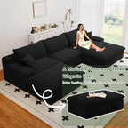 107" Cloud Couch Modular Sectional Sofa for Living Room, U-Shape Couch with Deep Seat, Modern Corduroy 3-Seater with Ottoman, No Assembly Required (Black,Right-Facing Chaise)