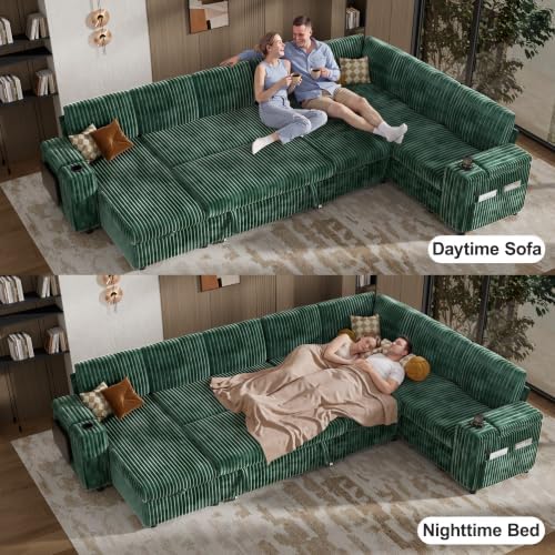 Vipbear 130" Modular Sectional Sleeper Sofa with Pull Out Bed, 9 Seat Corduroy L Shaped Couch with Ottoman and Chaise|USB Ports|Cup Holders|Side Table, Tool Free Assembly, Green