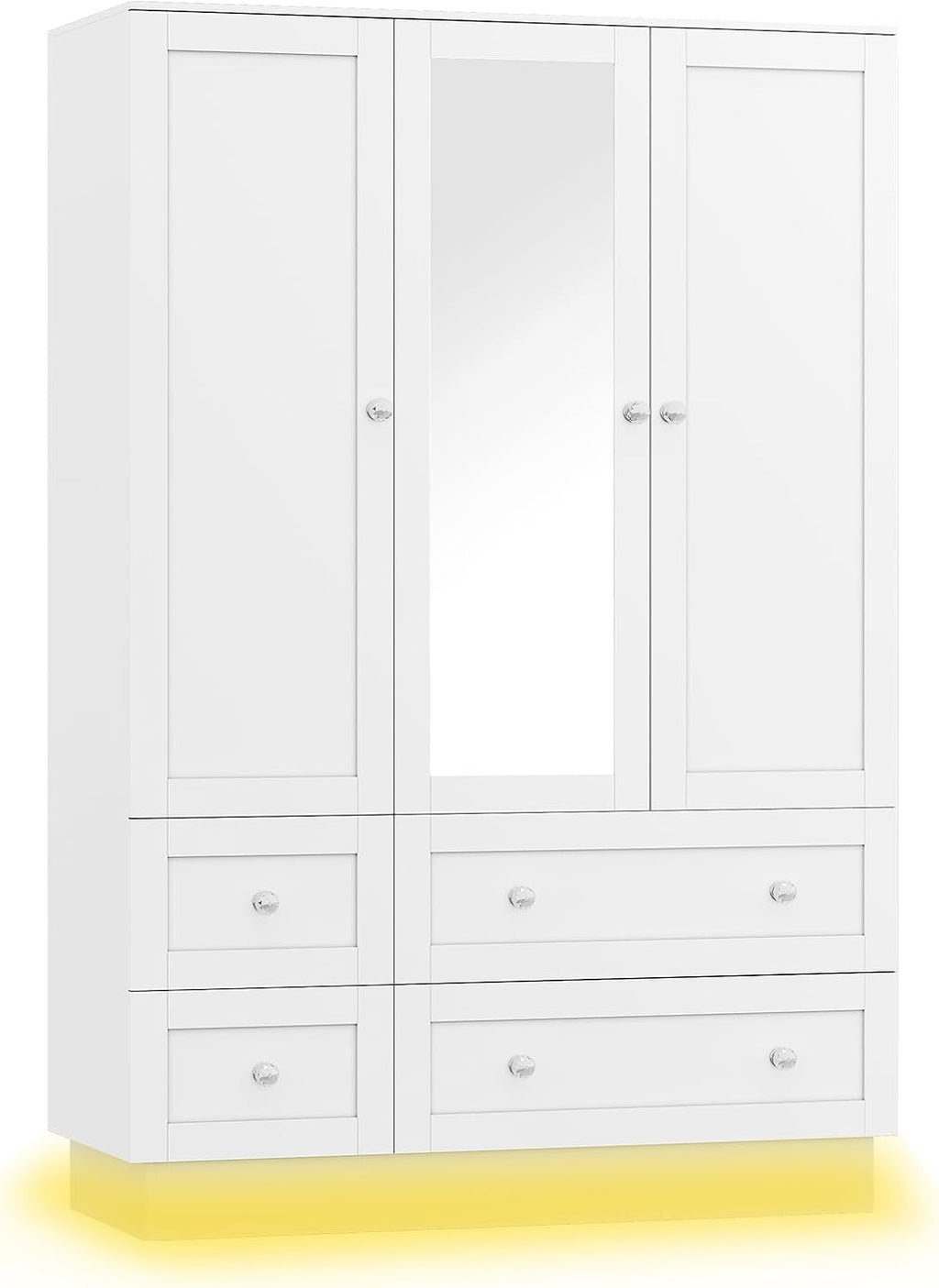 VOWNER Wardrobe Closet with 3 Doors Bedroom Armoire with Mirror & 4 Drawers