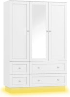 VOWNER Wardrobe Closet with 3 Doors Bedroom Armoire with Mirror & 4 Drawers