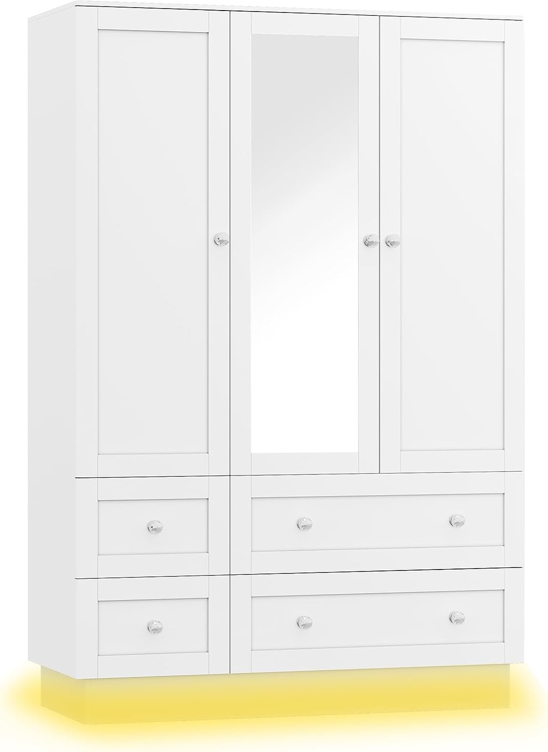 VOWNER Wardrobe Closet with 3 Doors Bedroom Armoire with Mirror & 4 Drawers