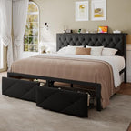 Einhomn King Size Bed Frame with 2 Storage Drawers, Metal Platform Bed with Charging Station, Upholstered Linen Button Tufted Storage Headboard, No Box Spring Needed, Noise-Free, Easy Assembly, Black