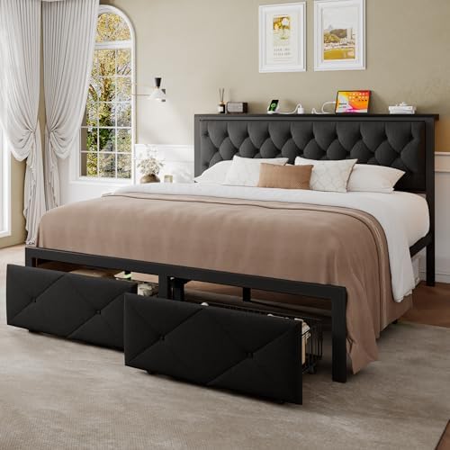 Einhomn King Size Bed Frame with 2 Storage Drawers, Metal Platform Bed with Charging Station, Upholstered Linen Button Tufted Storage Headboard, No Box Spring Needed, Noise-Free, Easy Assembly, Black
