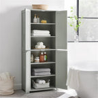 Pemberly Row Tall Wood Pantry Cabinet with Adjustable Shelves, MDF and Birch Veneer, Gray and Nickel Finish, Shaker-Style Doors, 67 in H x 28 in W x 15 in D, Kitchen, Bathroom, or Home Organization