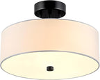 3-Light Semi Flush Mount Ceiling Light Fixture, 13" Black Drum Light, Modern Close to Ceiling Light with White Fabric Shade Lamps for Bedroom Living Dining Room Kitchen Hallway Entryway