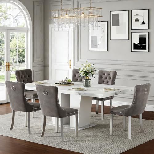 Henf 7 Pieces Faux Marble Dining Table Set for 6, 63"-79" Extendable Dining Room Table and 6 Grey Tufted Chairs Set for 6, Modern Large Expandable Kitchen Table with White Double Columns Base
