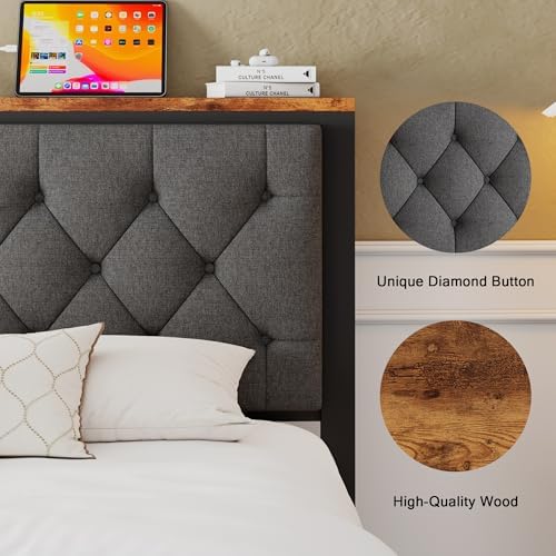 Einhomn Queen Bed Frame with 2 Storage Drawers, Metal Platform Bed with Charging Station, Upholstered Button Tufted Storage Headboard, No Box Spring Needed, Easy Assembly, Noise-Free, Grey