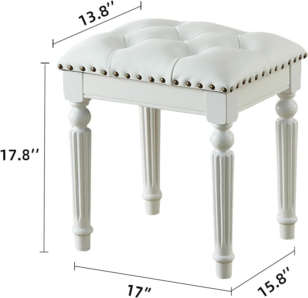 Vanity Bench Stool with Microfiber Leather Cushion, Vanity Chair Ottoman Dressing Stool with Solid Wood Legs for Bedroom, Makeup Room, Dressing Room, Easy Assembly (White)