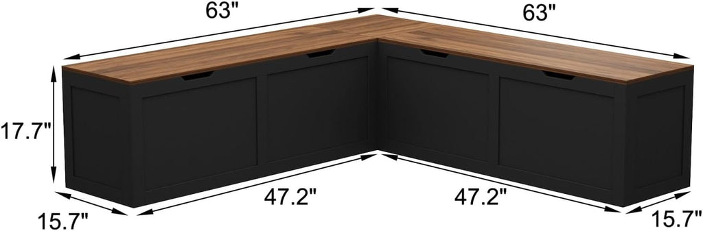 L Shape Kitchen Breakfast Nook Bench, Kitchen Corner Nook Bench Seating with Hidden Storage, Corner Dining Seat for Entryway, Black and Brown, 63”D x 63”W x 17.7”H