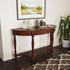PADMA HOUSE 2-Tier Traditional Wood Semi-Circle Sofa Table with Glass Top | Cherry Walnut 45.3"W*17.7"D*30.9"H, Half-moon Console Table with Shelf for Living Room, Glass Entry Table for Homeoffice