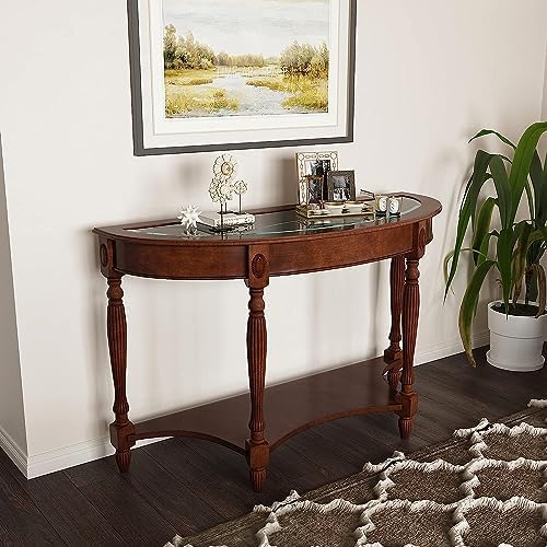 PADMA HOUSE 2-Tier Traditional Wood Semi-Circle Sofa Table with Glass Top | Cherry Walnut 45.3"W*17.7"D*30.9"H, Half-moon Console Table with Shelf for Living Room, Glass Entry Table for Homeoffice