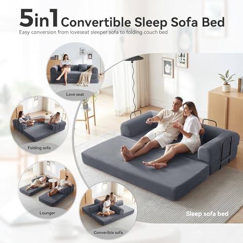 79" Convertible Sofa Bed, Couch for Living Room (Dark Gray) | Corduroy Loveseat Sleeper Sofa, Modular Futon Couch Bed with 2 pillow, Pull Out Couch No Assembly