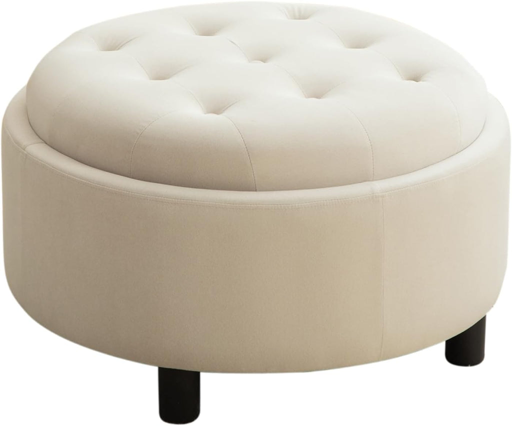 Round Storage Ottoman 29.33" with Reversible Lid - Fleece Fabric Upholstered Hand-Pulled Buckle Decoration Footstool, Storage Stool for Living Room, Bedroom, Office (Beige)