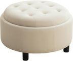 Round Storage Ottoman 29.33" with Reversible Lid - Fleece Fabric Upholstered Hand-Pulled Buckle Decoration Footstool, Storage Stool for Living Room, Bedroom, Office (Beige)