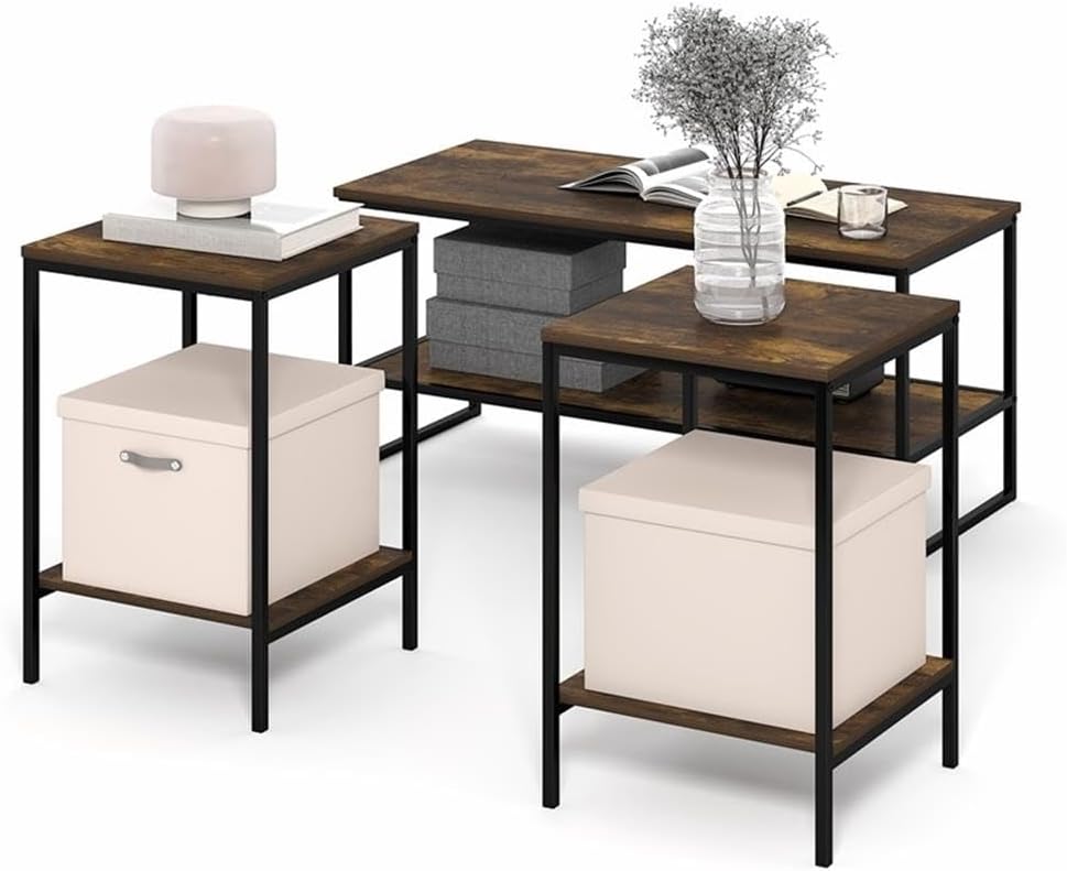 Pemberly Row 3-Piece 2-Tier Coffee Table Set, Amber Pine Finish, Engineered Wood and Metal, Includes Coffee Table and 2 Side Tables, Durable Living Room Furniture for Small Spaces and Organization