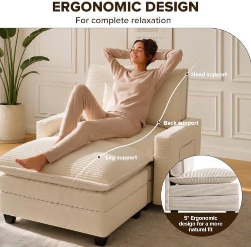 Oversized Accent Chair with Ottoman, 41" Comfy Cloud Single Seat Sofa | Comfy Corduroy Armchair with Throw Pillow & Side Pockets, Modern Reading Chair for Living Room, Bedroom, Apartment