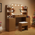 wanan Fluted Vanity, Large Vanity Set with Chair, Outlet, Mirror & Lights | 15"D x 53"W x 53"H, ample storage: 2 cabinets+2 drawers+4 shelves, 3-color/10-brightness lights, solid build, easy-clean