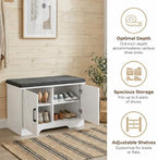 HOMSHO Farmhouse Shoe Storage Bench with 2 Barn Doors & Padded Seat Cushion | 27.6" Wide Entryway Bench with Adjustable Shelves & Hidden Storage, White