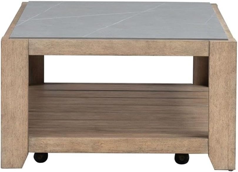 Pemberly Row 3-Piece Coffee Table Set, Rubberwood with Split Heart Cathedral White Oak Veneers, Nutmeg Finish, Includes Cocktail Table with Casters & 2 End Tables with Drawers, Tile Insert Tops for