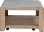 Pemberly Row 3-Piece Coffee Table Set, Rubberwood with Split Heart Cathedral White Oak Veneers, Nutmeg Finish, Includes Cocktail Table with Casters & 2 End Tables with Drawers, Tile Insert Tops for